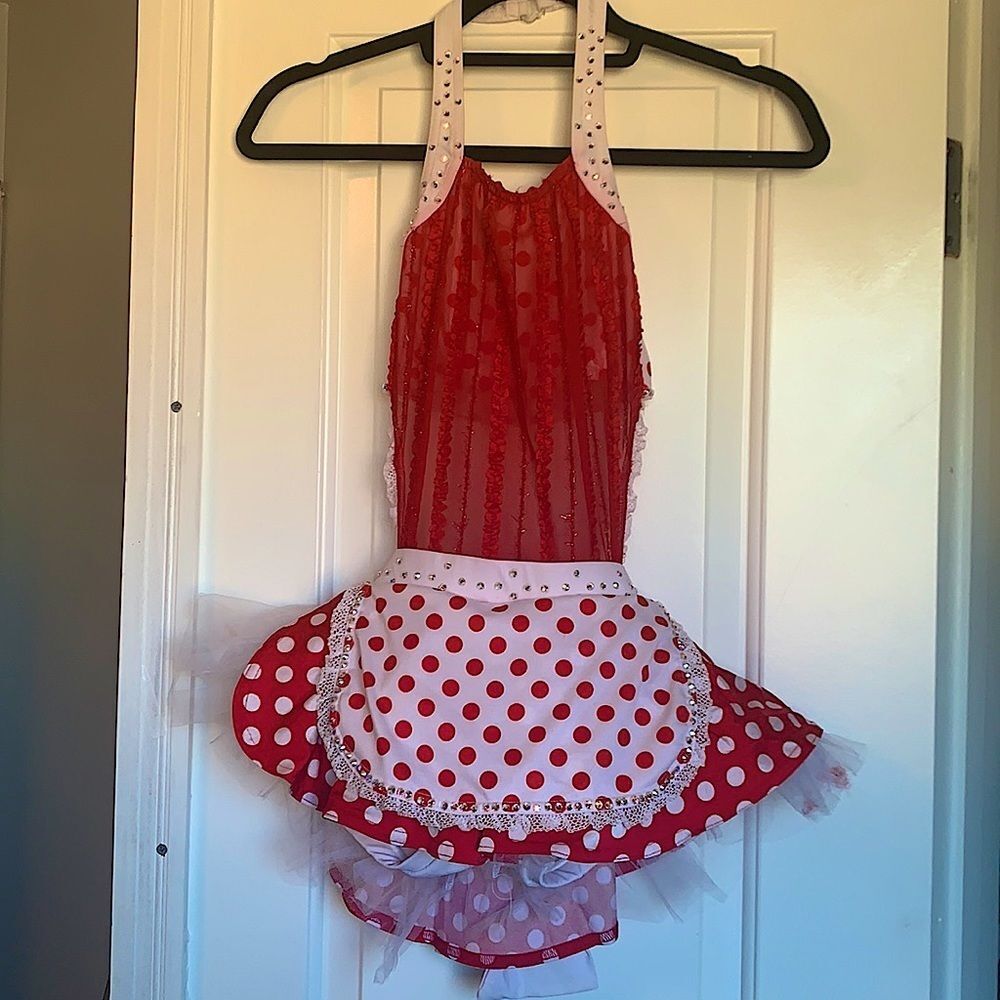 Custom Waitress Costume with Swarovski Crystals.  Red and White Polka Dots